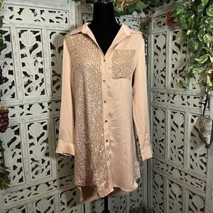 DAZZLING DARLING PEARL PINK SEQUINS & SILK LONG SLEEVE TUNIC TOP OR MINI DRESS